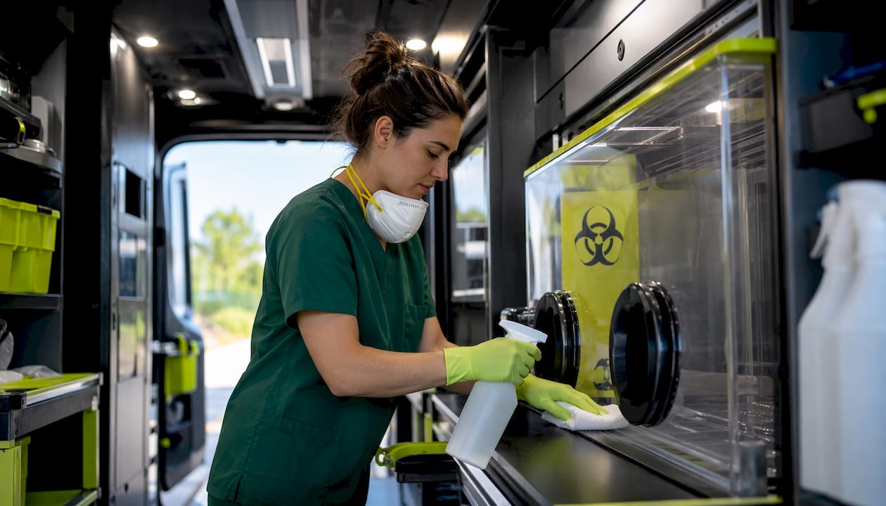 Technician applying eco-clean solution in mobile lab