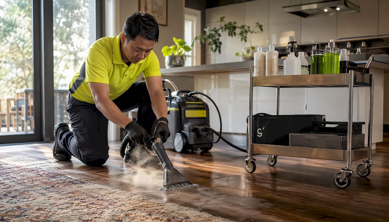Professional using steam cleaner in home entryway