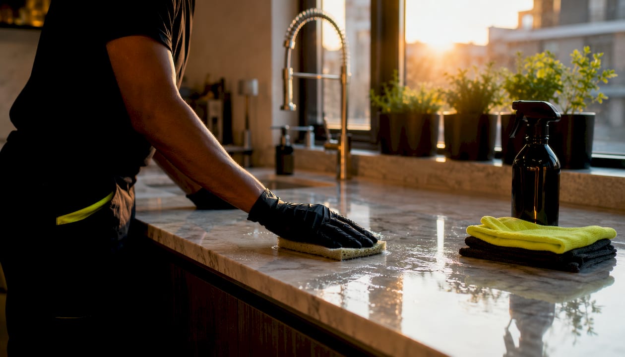 Hands cleaning kitchen countertop in rental apartment