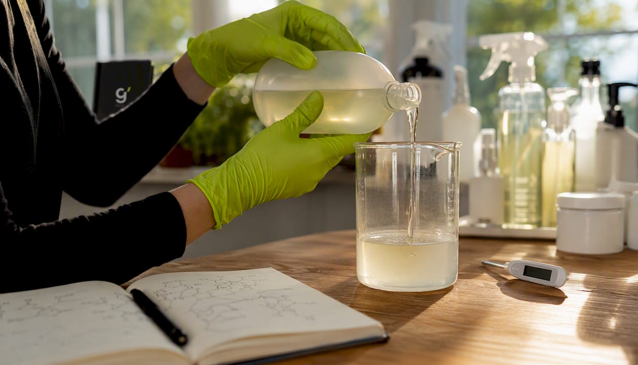 Hands pouring plant-based surfactant in clean lab setting