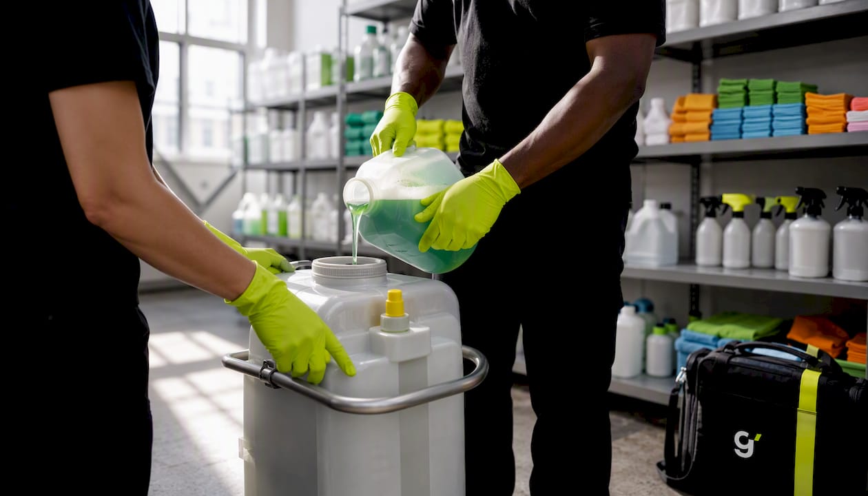 Hands preparing eco cleaning supplies in supply room