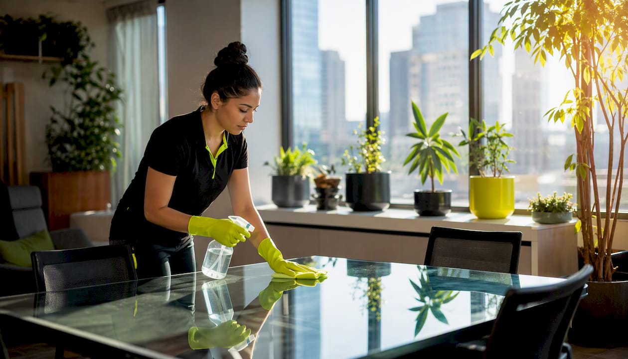 Cleaning staff improving office air quality with eco products