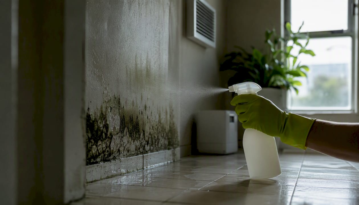 Bathroom mould being treated with eco-friendly spray