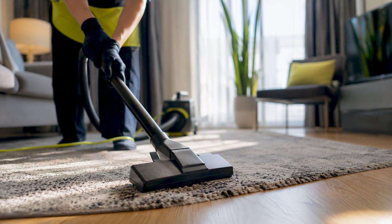 HEPA vacuum cleaning carpet fibers closely
