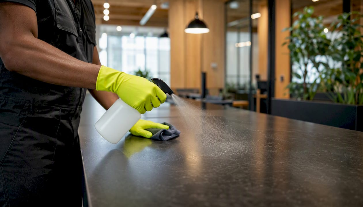 Hands spraying facility door handle with disinfectant