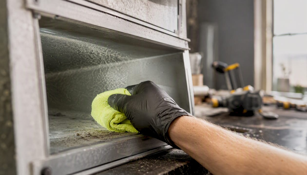 Gloved hand wiping dust inside duct post-renovation