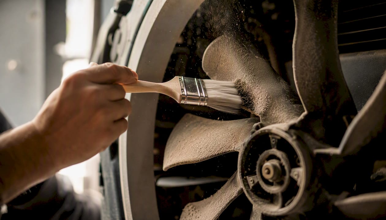 Brush removing dust from HVAC fan blades