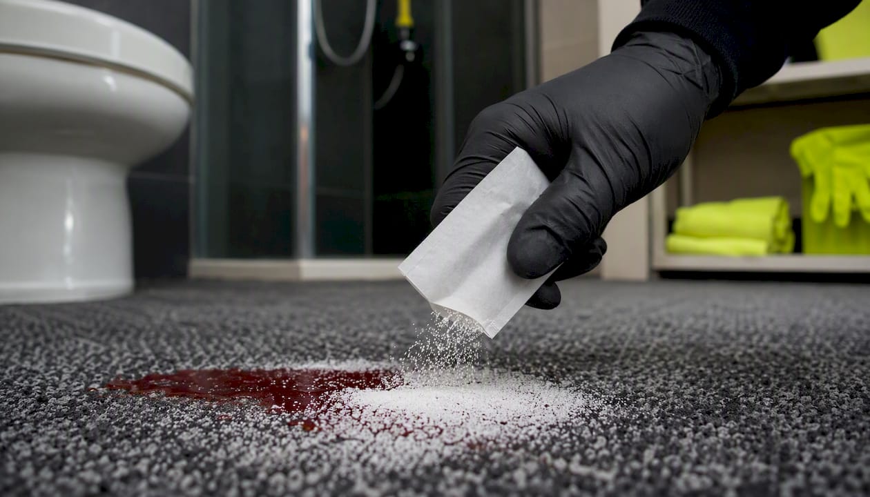 Hand applying granular disinfectant powder on carpet spill