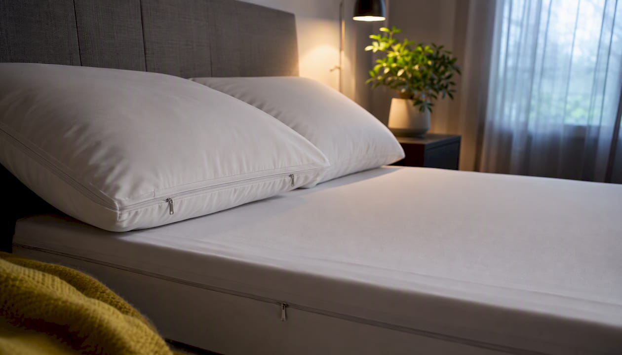 Bedroom bed with allergen-proof encasements