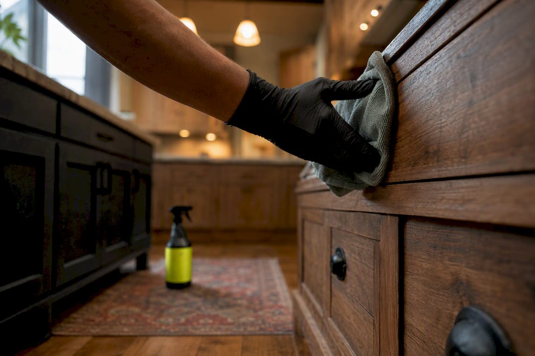 Hand wiping hardwood floor edge after dust cleaning