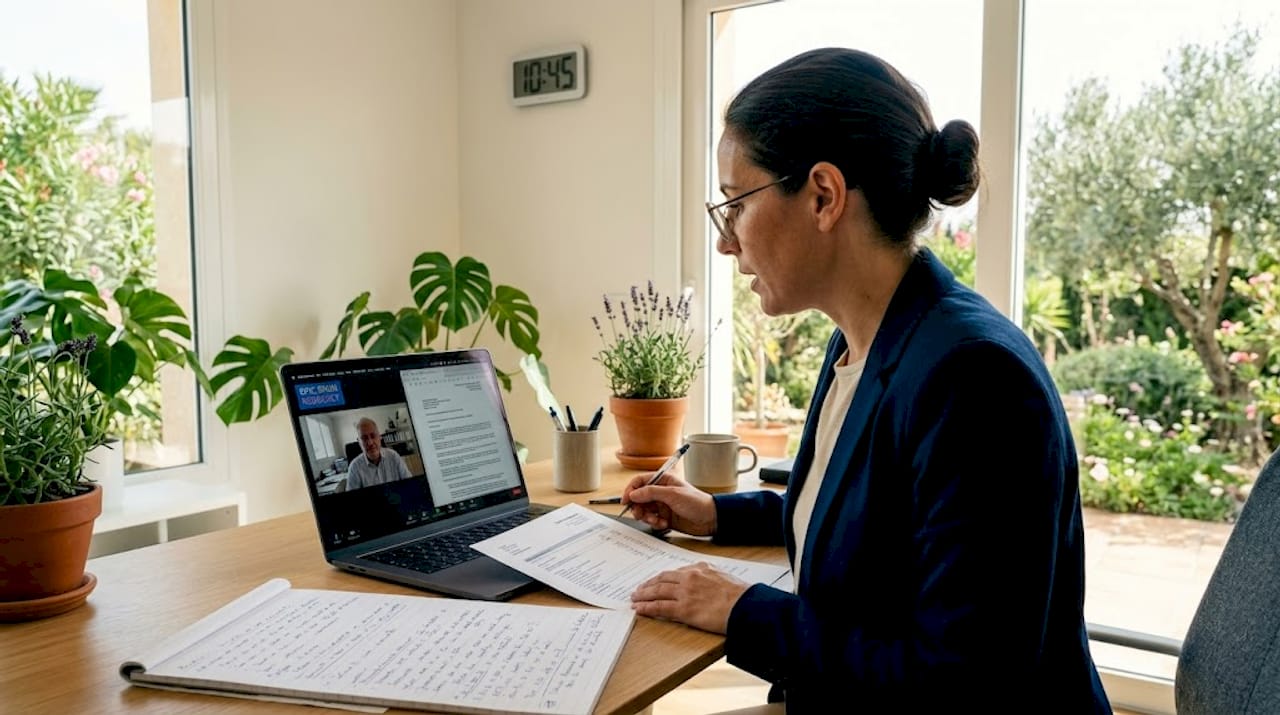 Tax advisor on remote call reviewing paperwork