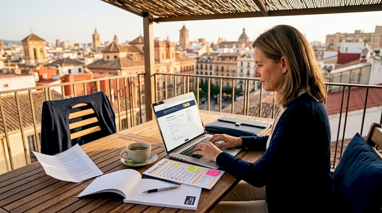 Reviewing Spanish residency renewal checklist on balcony