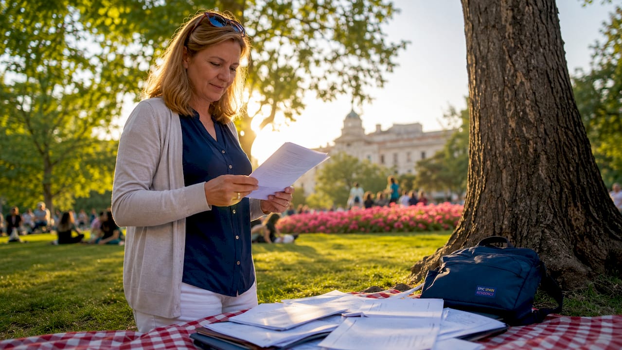 Expat reviewing residency status outdoors in Madrid