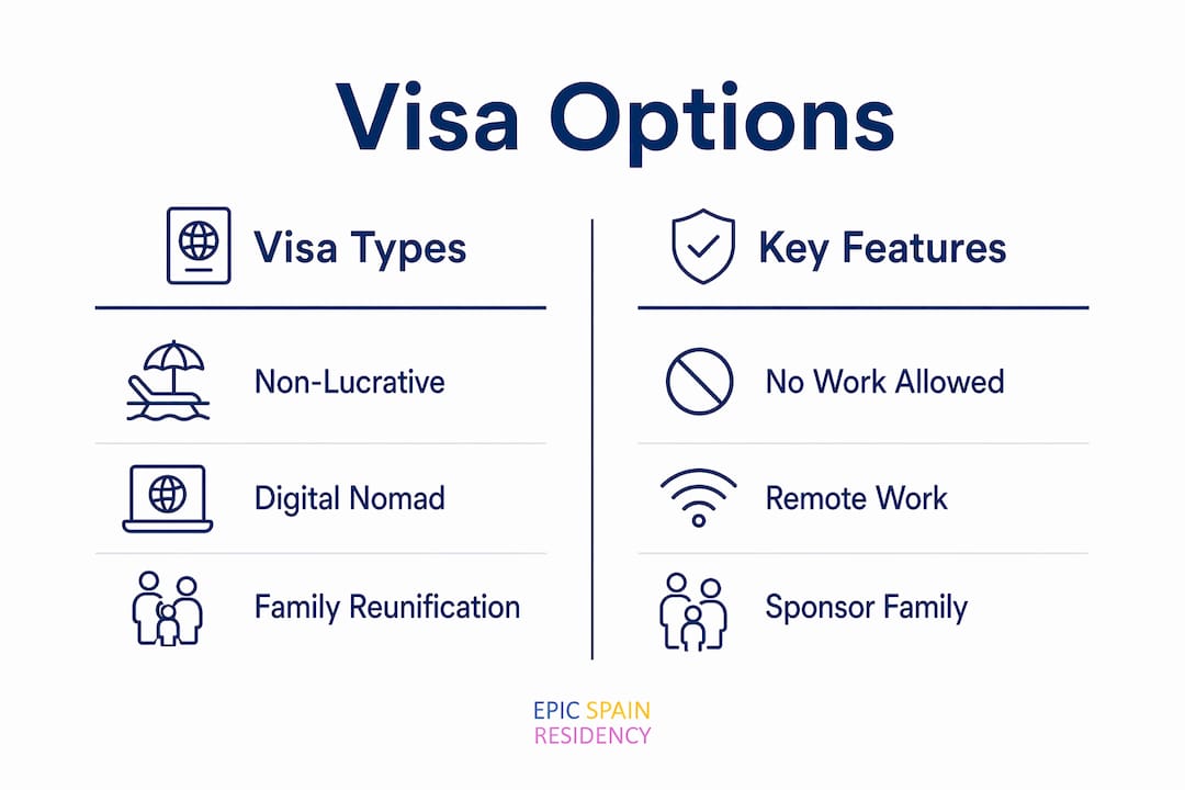 Infographic comparing Spain visa types and features