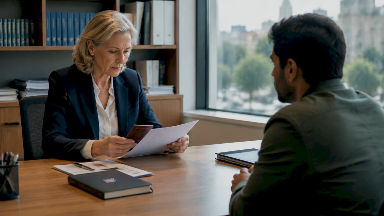 Consulate officer verifying documents during appointment