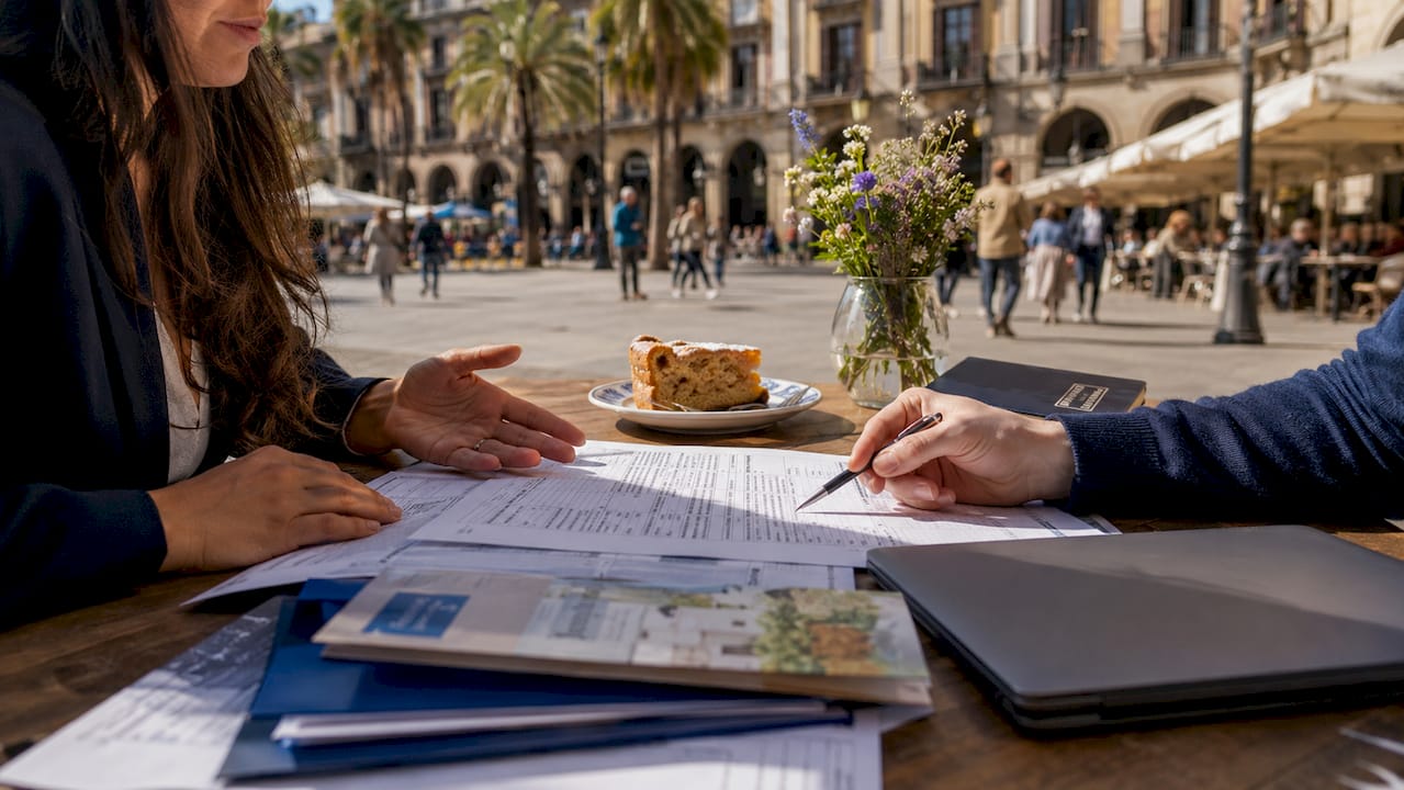 Hands highlighting IRS tax forms at café table