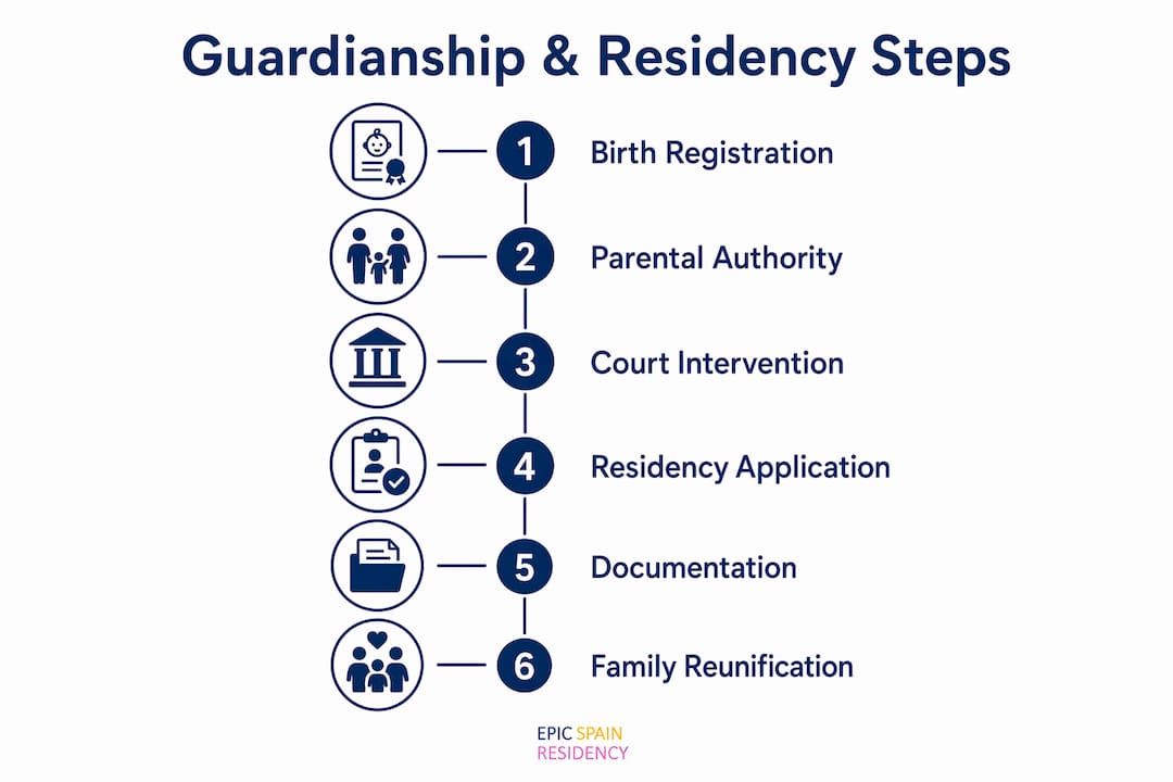 Vertical flow infographic of guardianship and residency steps