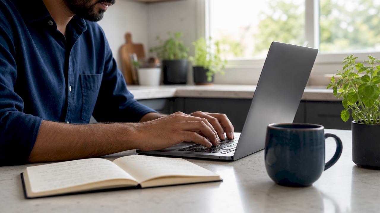 Hands typing on laptop in home office workspace