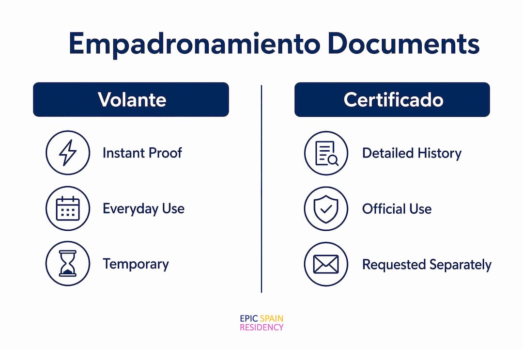 Infographic comparing volante and certificado empadronamiento documents