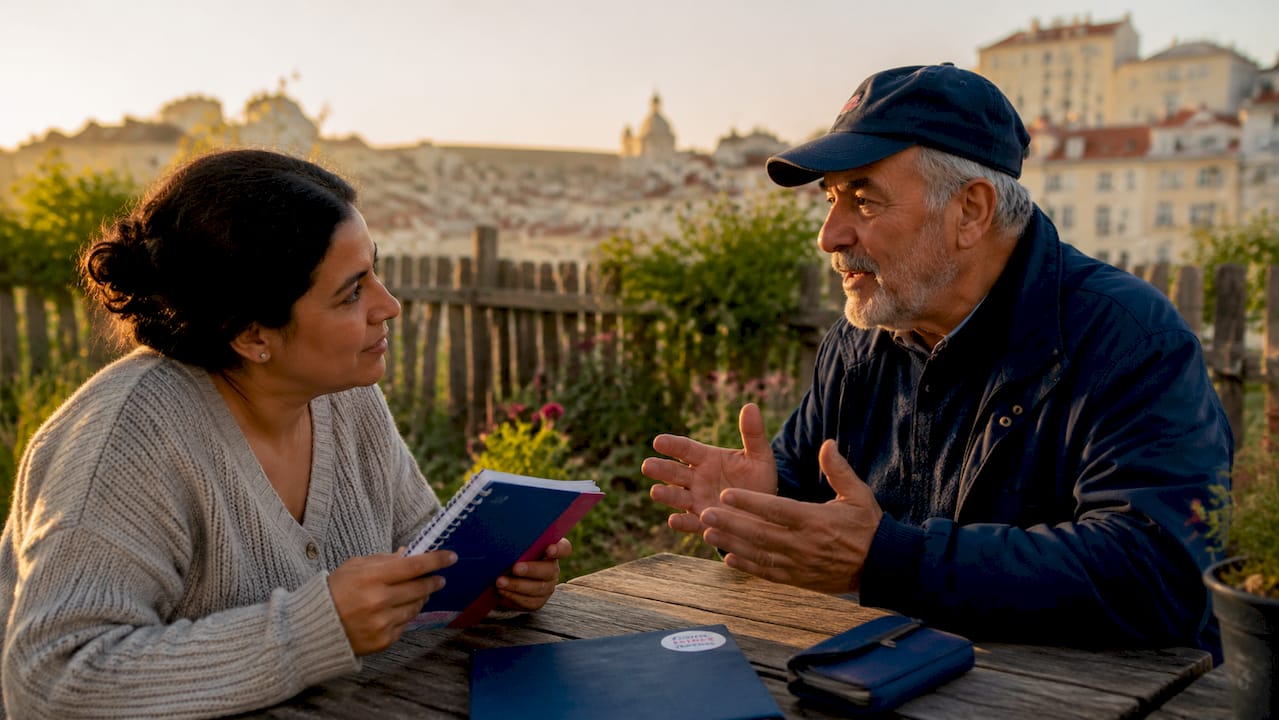 Cross-cultural conversation in Madrid park