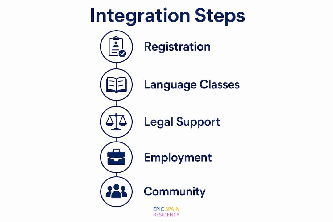 Infographic depicting integration steps in Spain