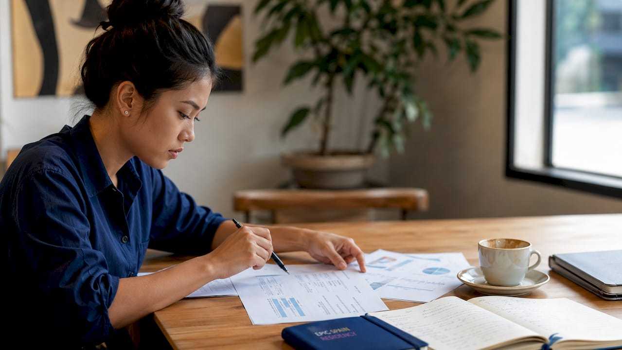 Hands pointing at business plan on startup desk