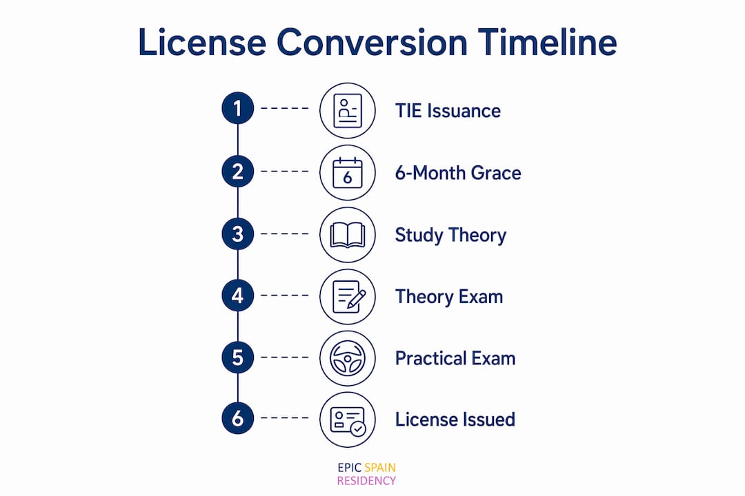 Infographic illustrating US-to-Spain license conversion timeline