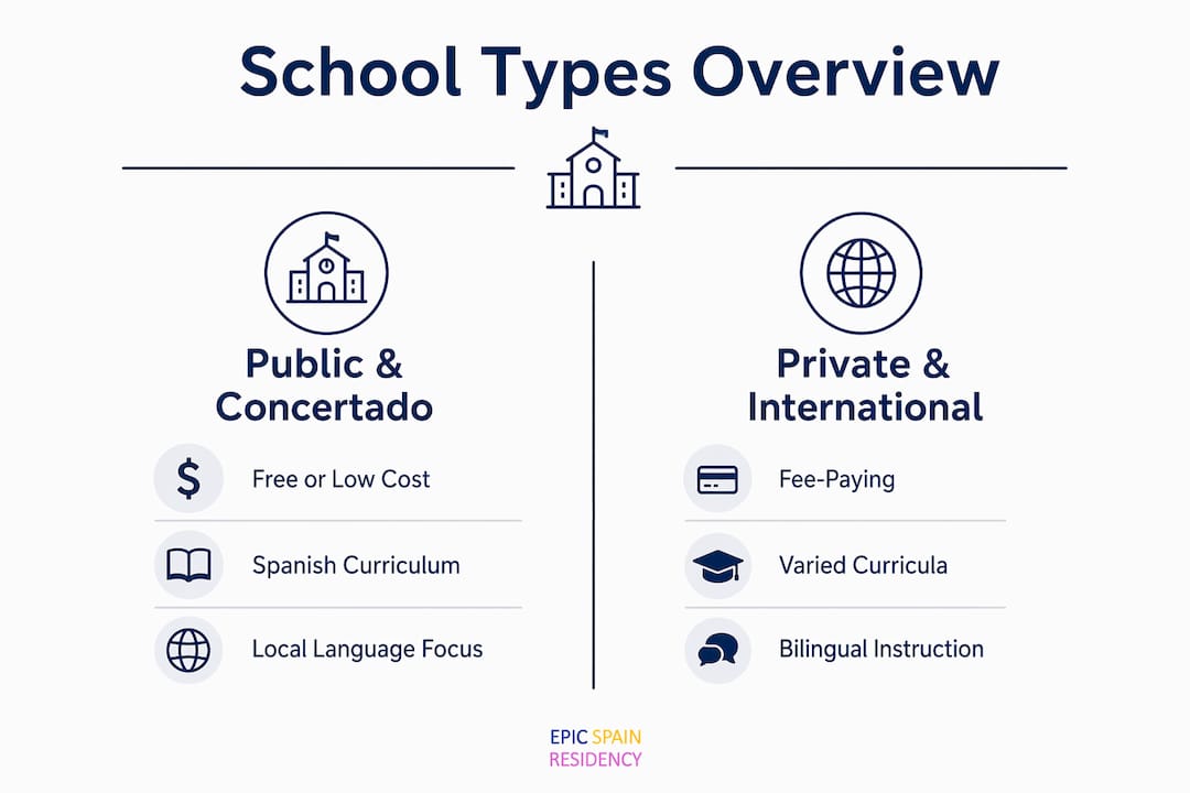 Infographic comparing Spain school types and features