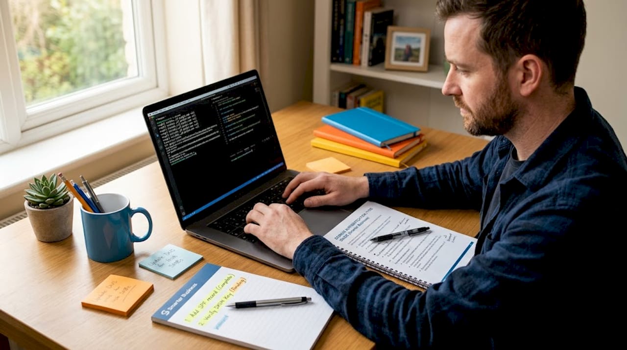 Specialist authenticating domain on laptop at home table