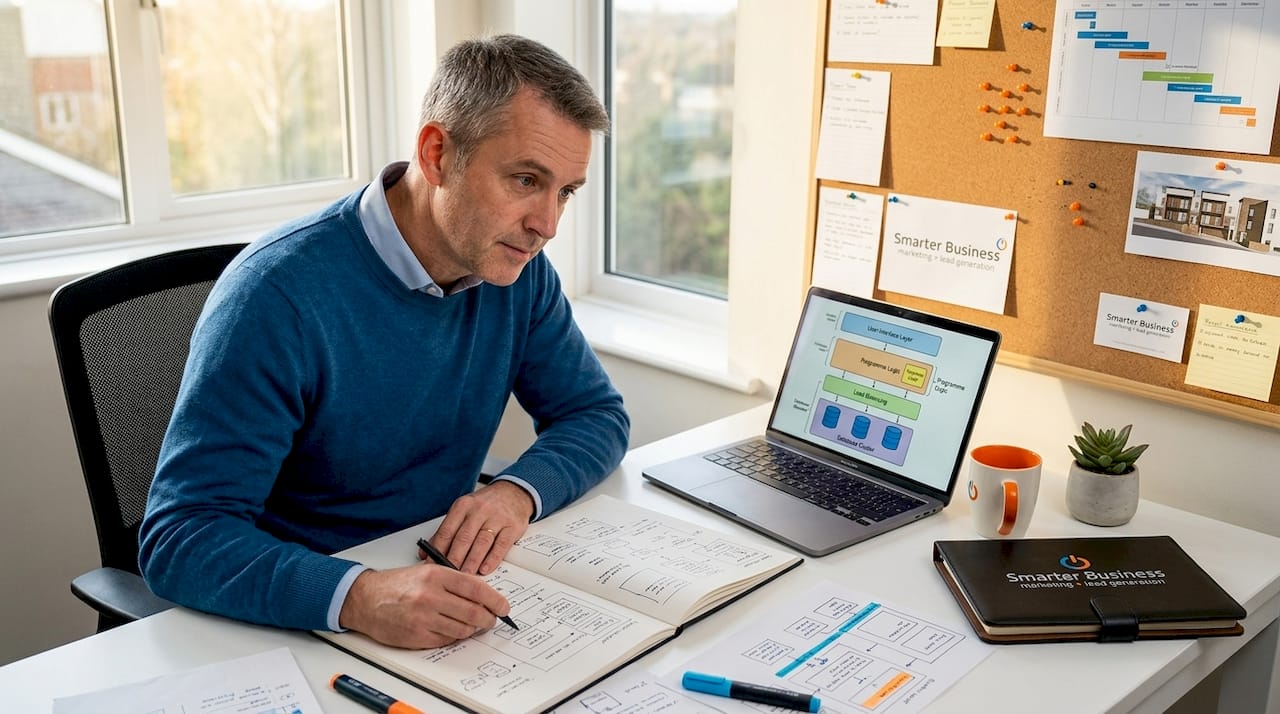 Architect reviewing CRM system diagram at desk