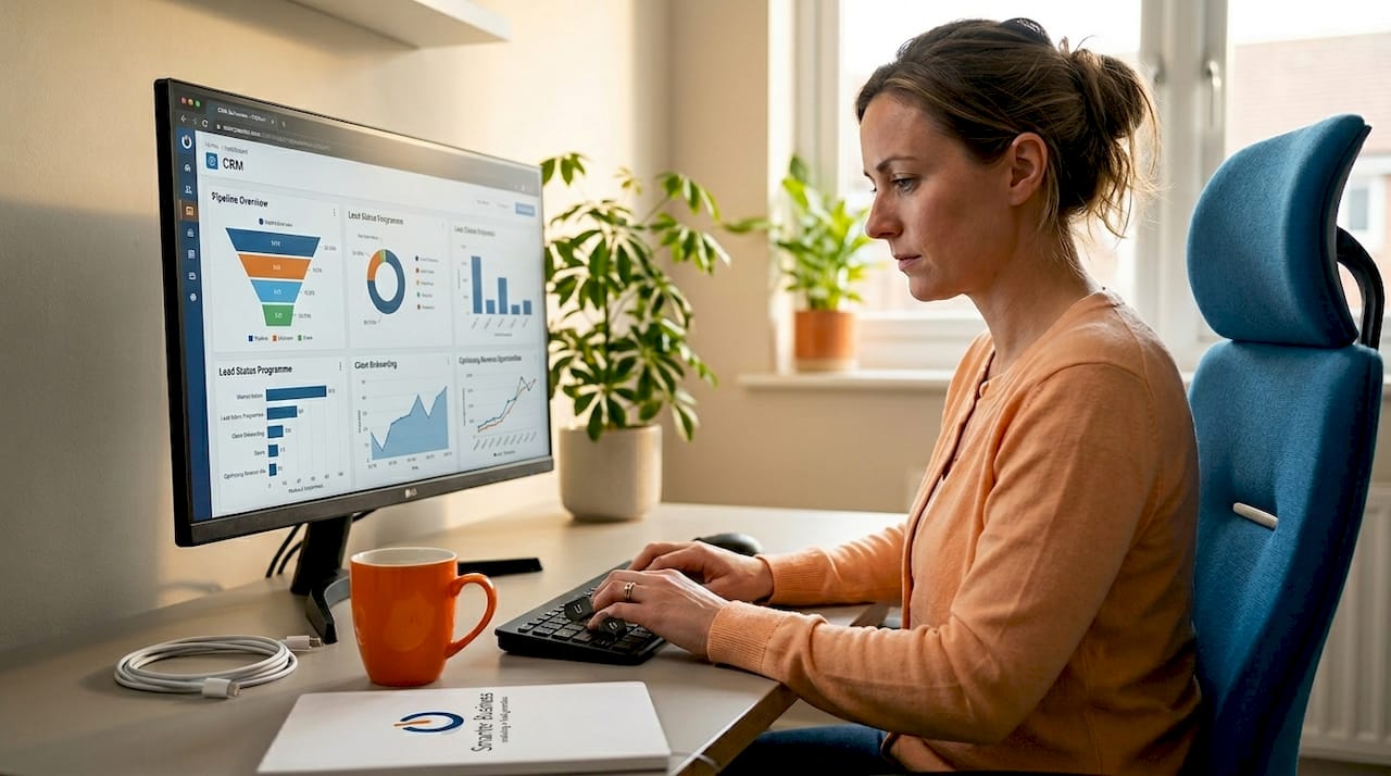 Home office user updating CRM customer data