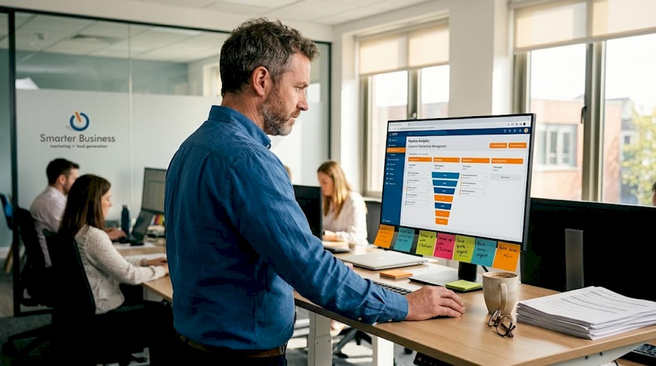 Sales lead reviewing CRM pipeline at desk