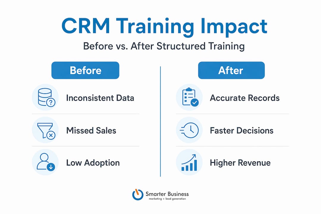 Infographic comparing CRM training before and after