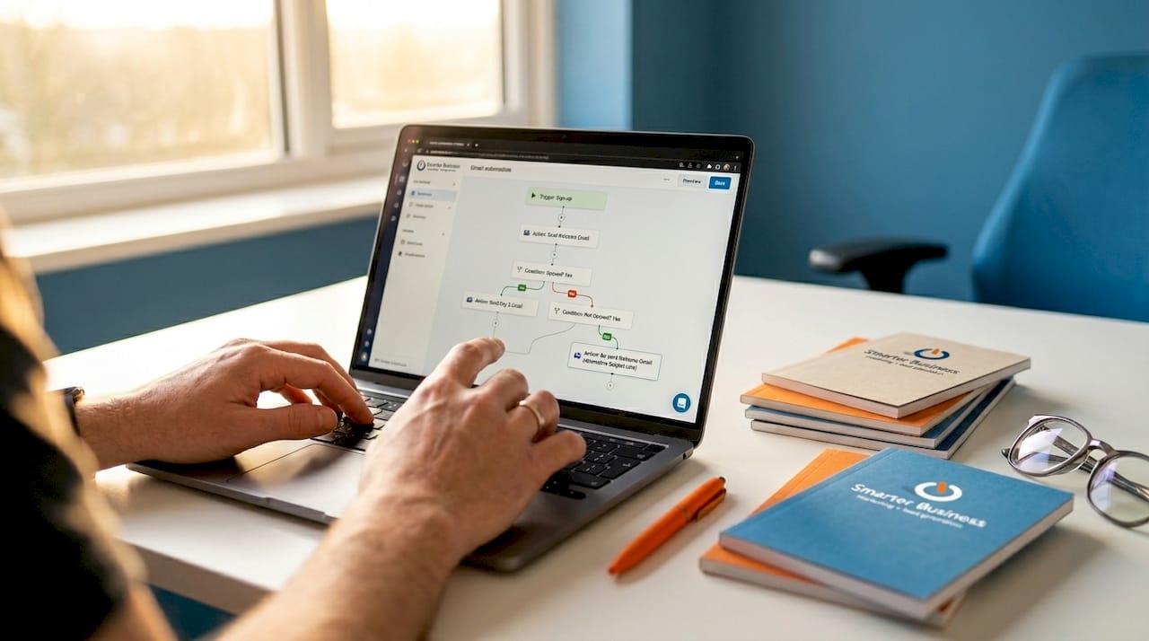 Hands navigating email automation workflow on laptop