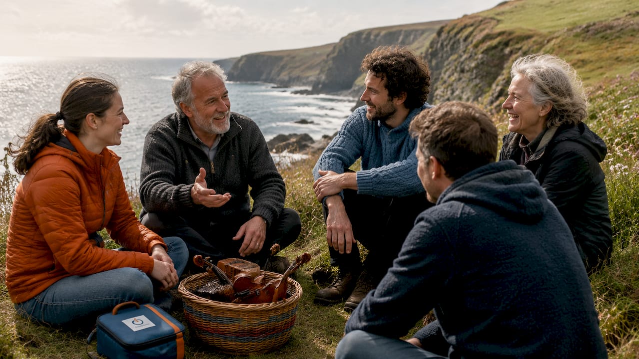 Gaeltacht community conversing outdoors in Irish