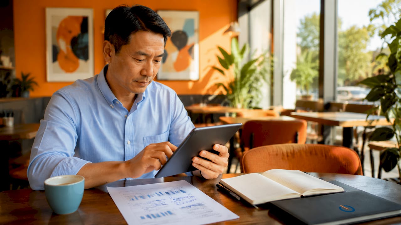 Hands interacting with CRM sales tool on tablet