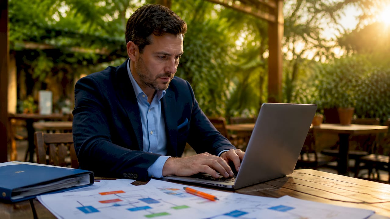 Hands typing on laptop with journey maps