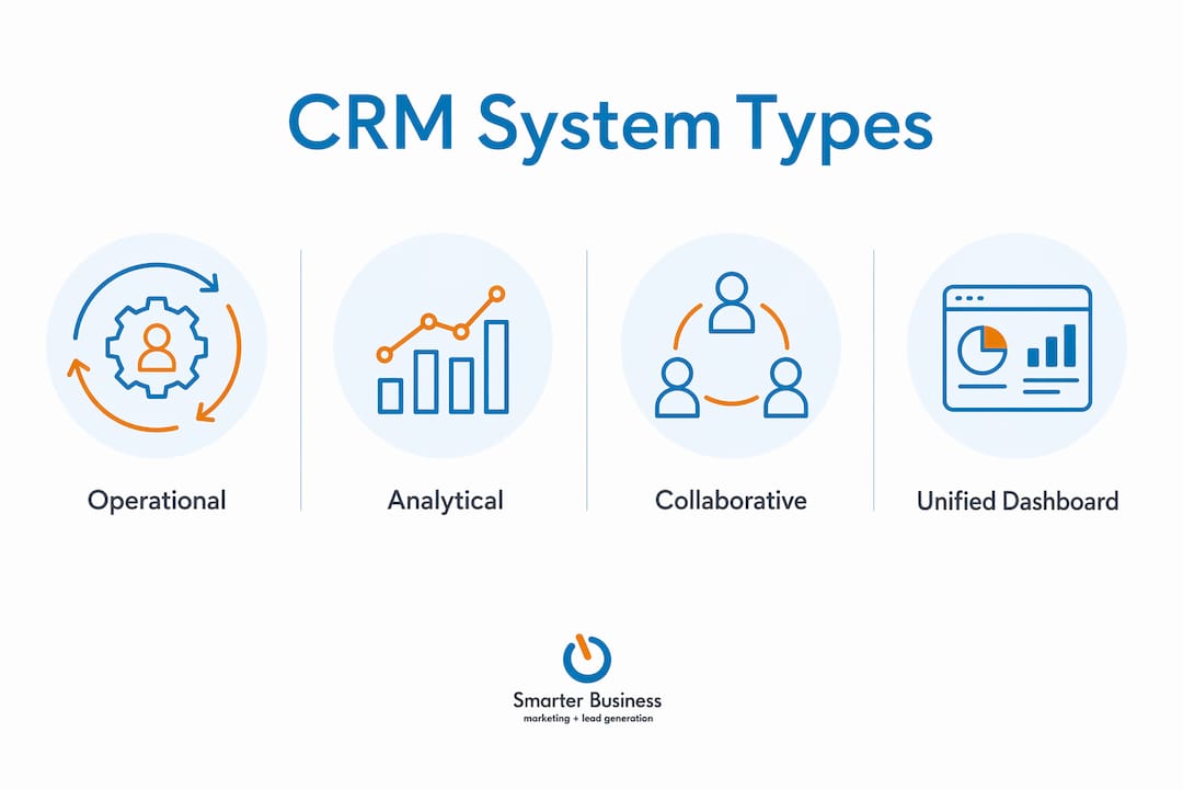 Infographic illustrating CRM system types and unified dashboard