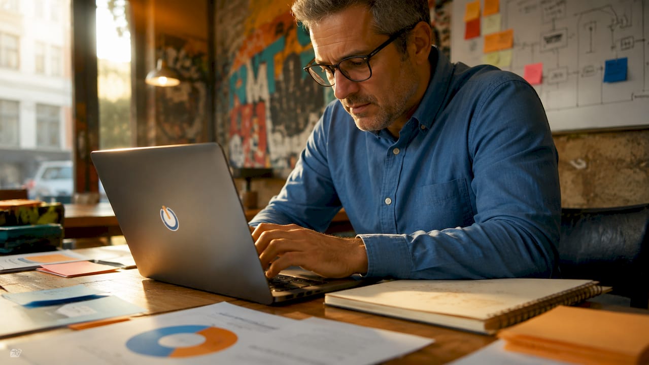 Man working on CRM automation in office