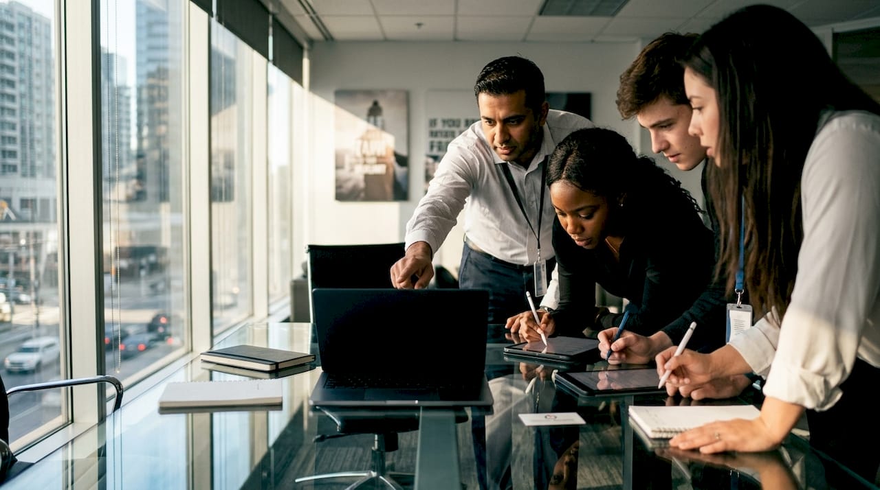Team discussing CRM dashboard data in meeting room