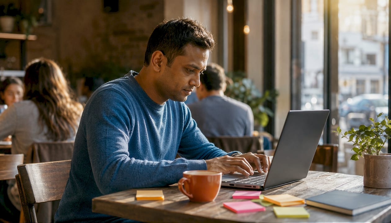 Man typing task assignments on laptop