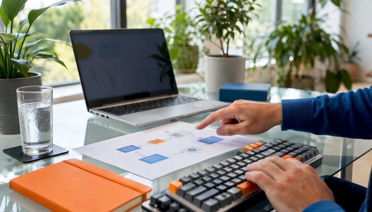 Hands pointing to printed email automation flowchart