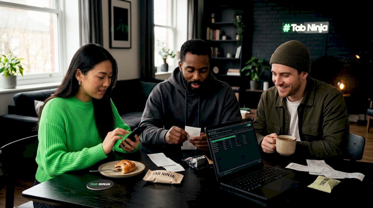 Group updating shared trip expenses at kitchen table