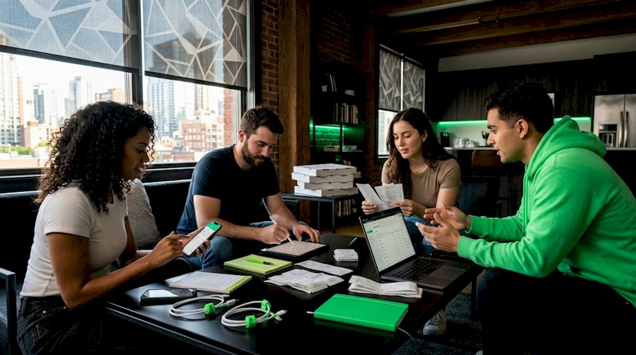 Group of friends discussing expenses in living room