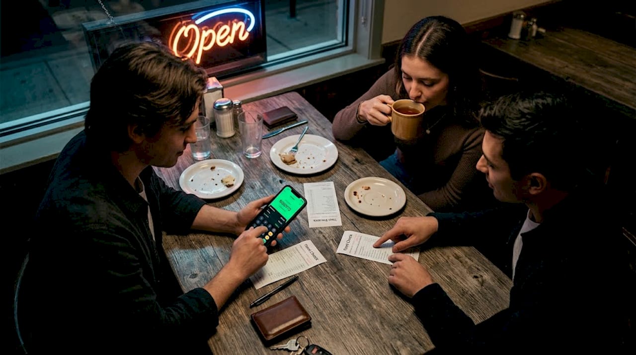 Friends calculating split bill at café table