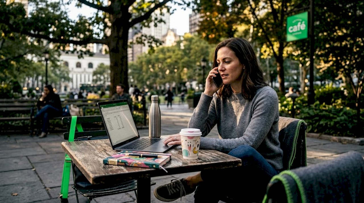 Woman managing group expenses in hotel lobby