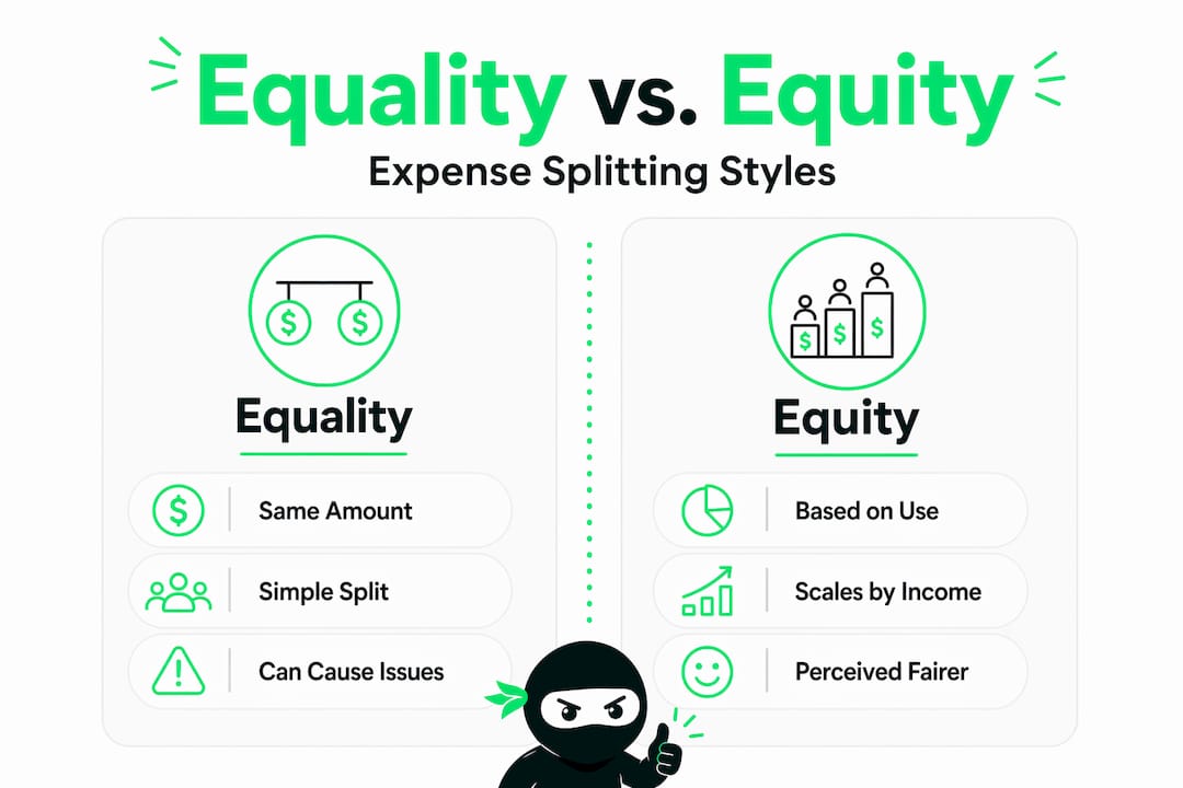 Infographic comparing equality and equity in expense splitting