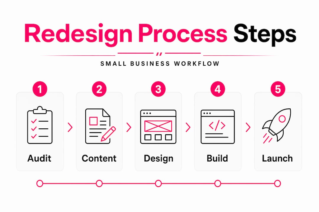 Website redesign workflow steps infographic