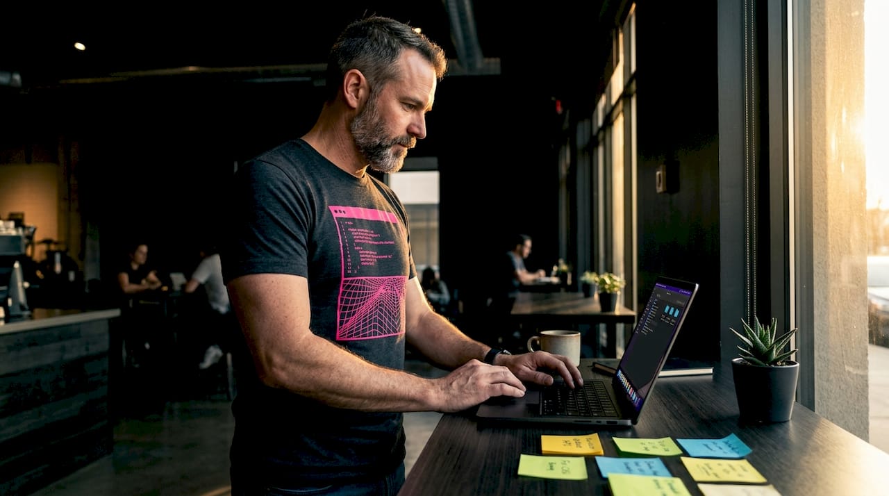 Developer updating website files at desk