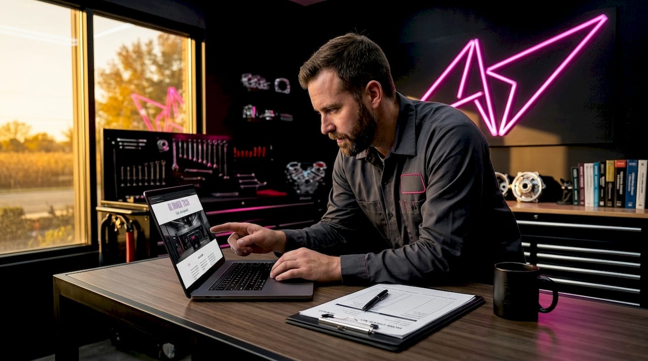 Auto shop owner reviewing his website at counter